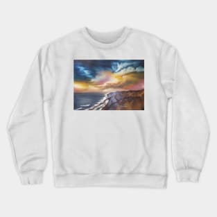 cliff diving, beach scene, skyscape, seascape, expressionistic art, painting, oil painting on canvas, coastal decor, beach house Crewneck Sweatshirt